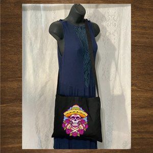 Sombrero Skeleton Small Crossbody Messenger Canvas Tote Bag with Long Strap
